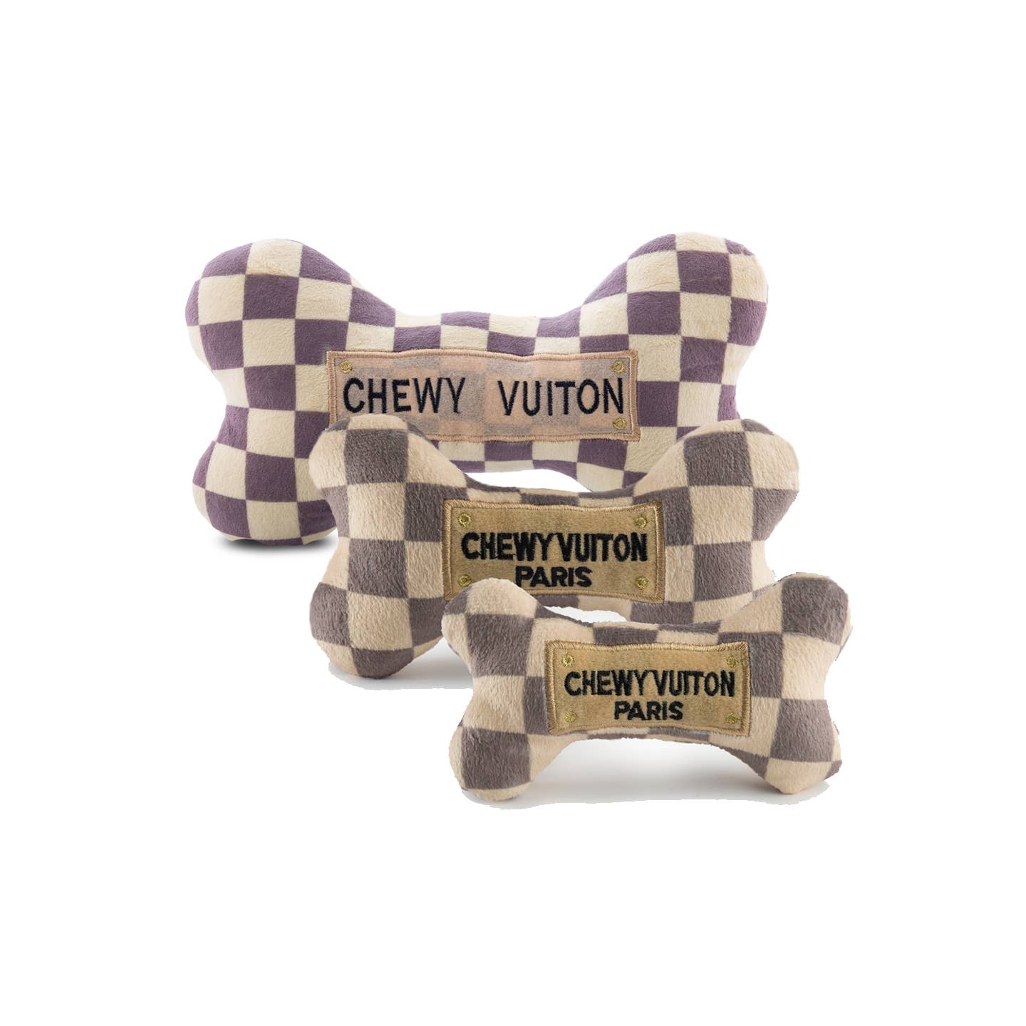 Checker Chewy Vuiton Bone – Luxus-Plüschspielzeug im Schachbrett-Design. Mit Quietscher