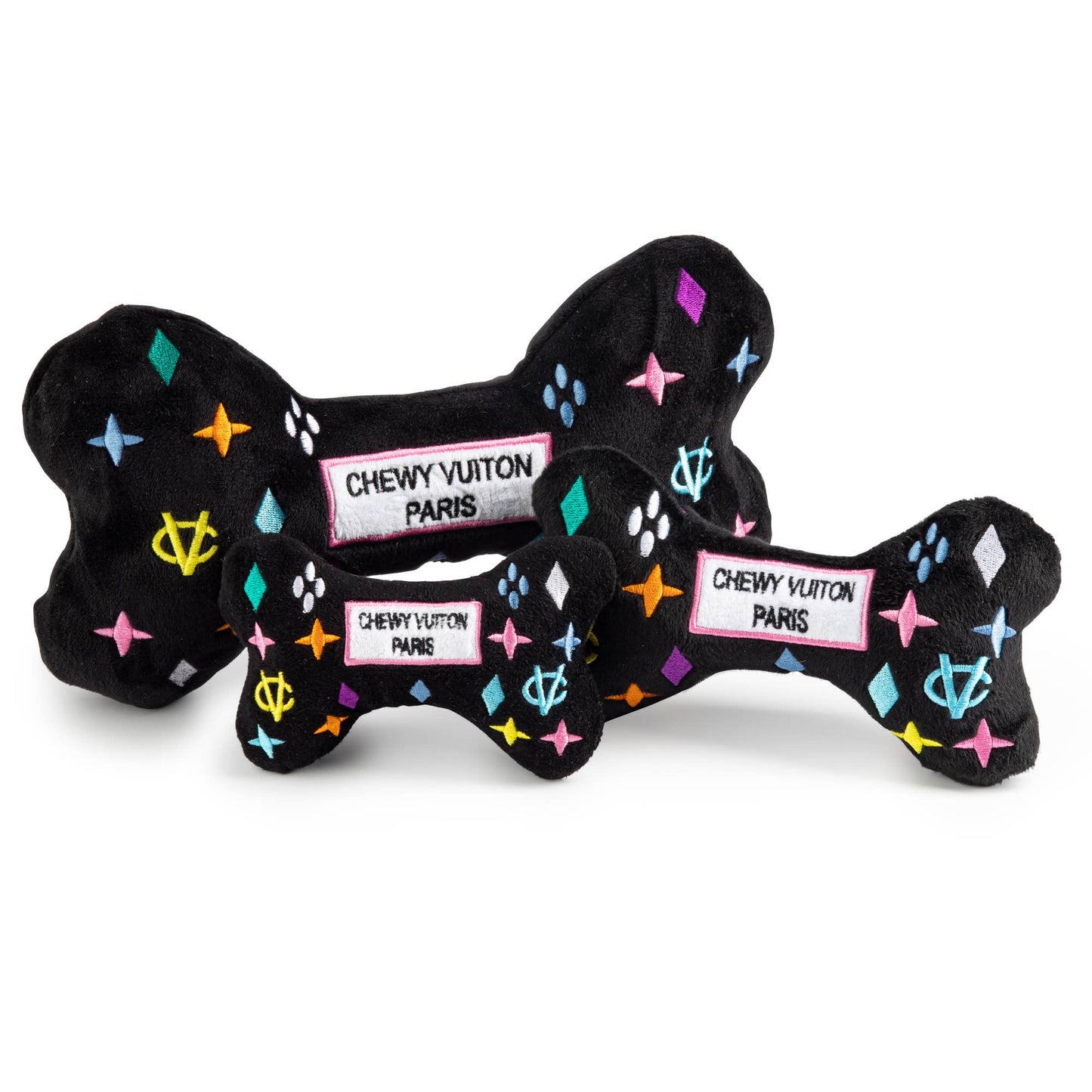 Edles Hundespielzeug: Chewy Vuiton Bone in Schwarz – Plüschspielzeug mit Quietscher im Designer-Look.