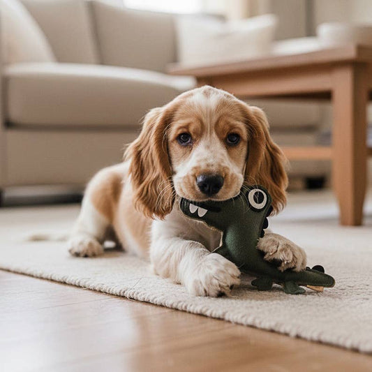 Hund spielt mit Krokodil