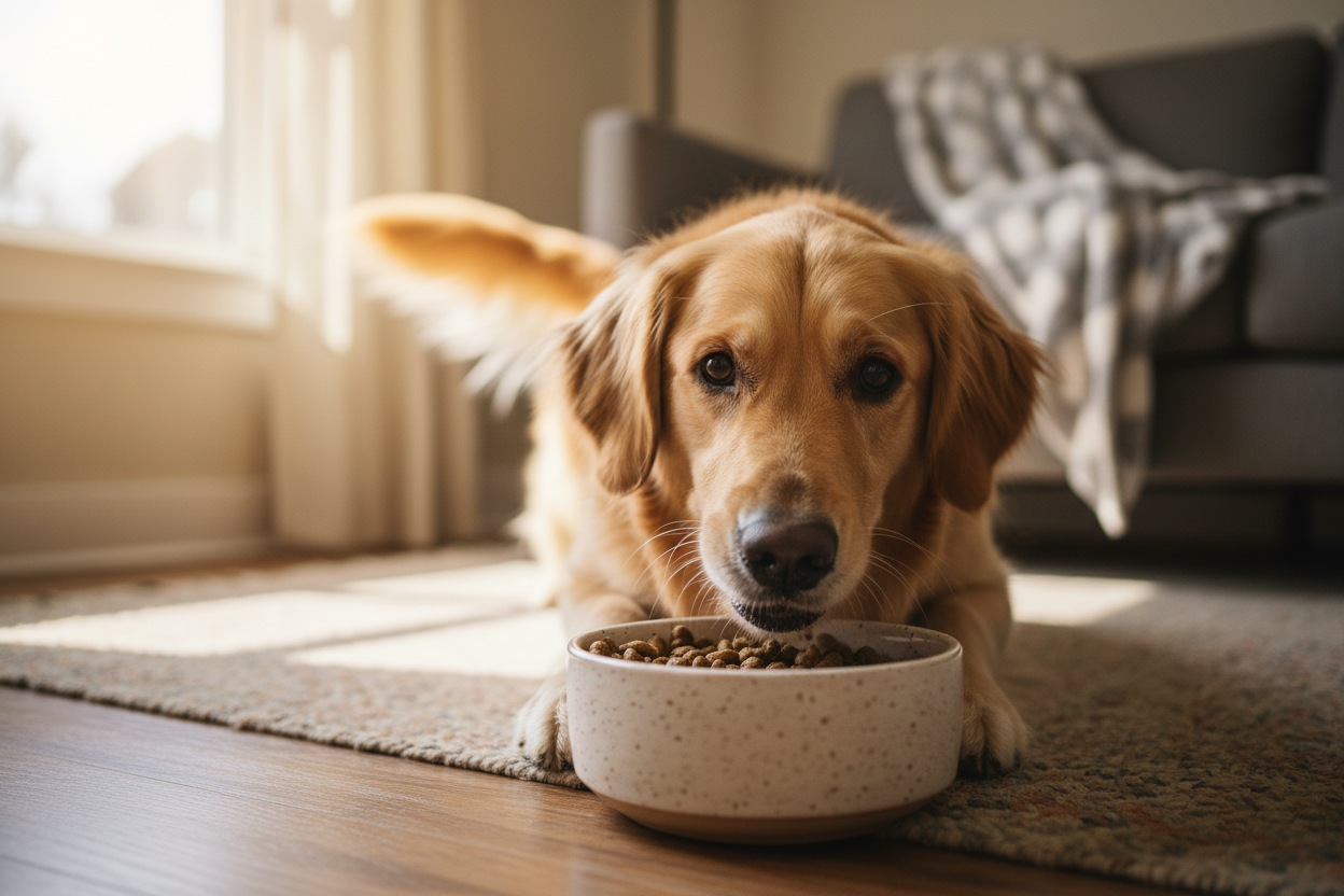 Hund beim essen aus Napf